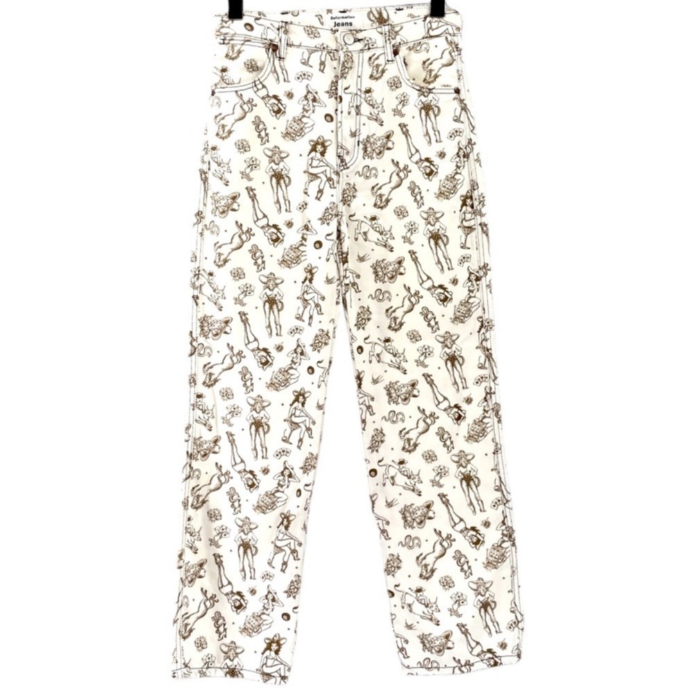 Reformation Cowboy High Rise Straight Jeans, Viva Las Vegas, Cream/Brn , Size 31